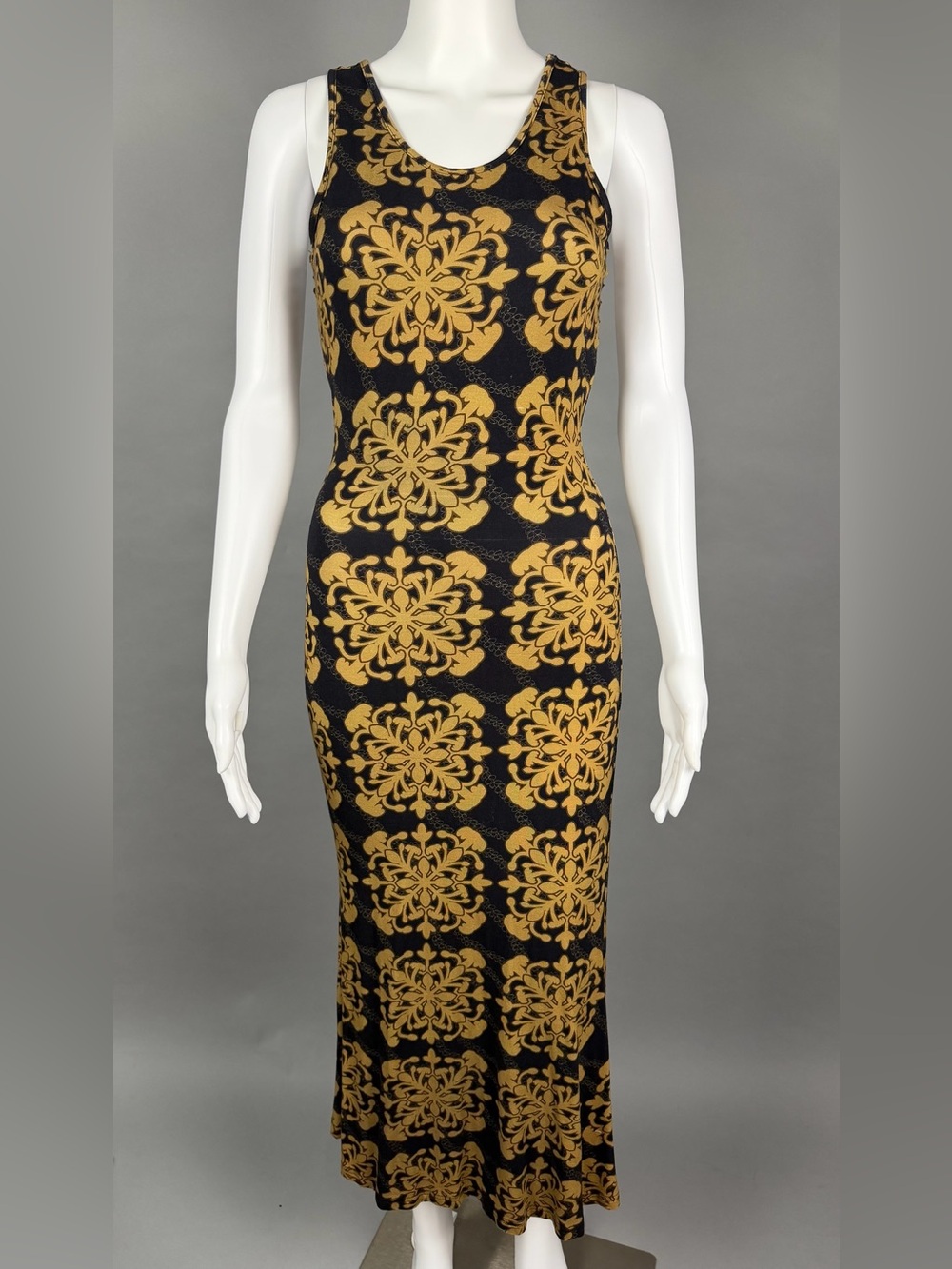 Sleeveless Black Maxi Dress with Gold Medallion Print